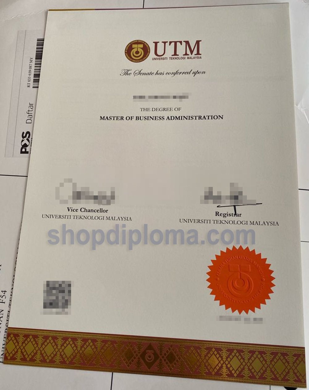 UTM MBA Degree Certificate Replica