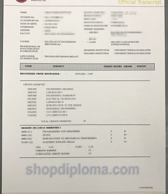 UTM university teknologi malaysia official transcirpt