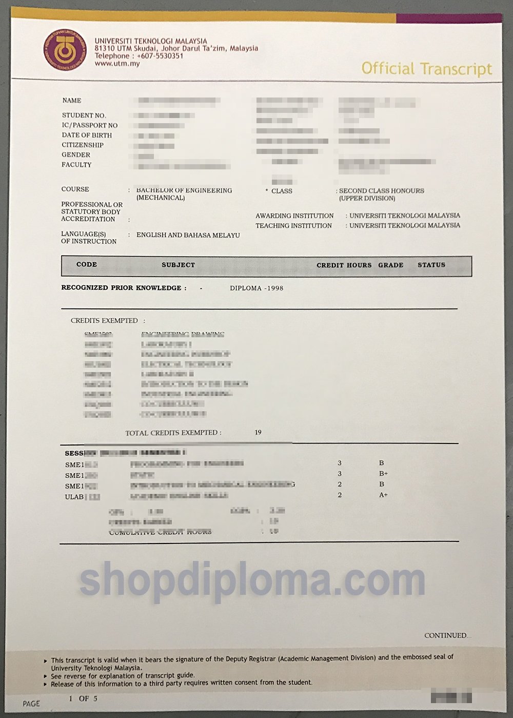 UTM Academic Transcript Replica