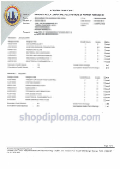 Universiti Kuala Lumpur UniKL academic transcript