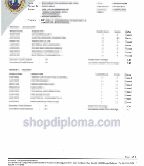 Universiti Kuala Lumpur UniKL academic transcript