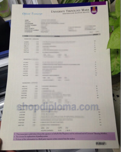 Universiti Teknologi Mara UiTM official transcript