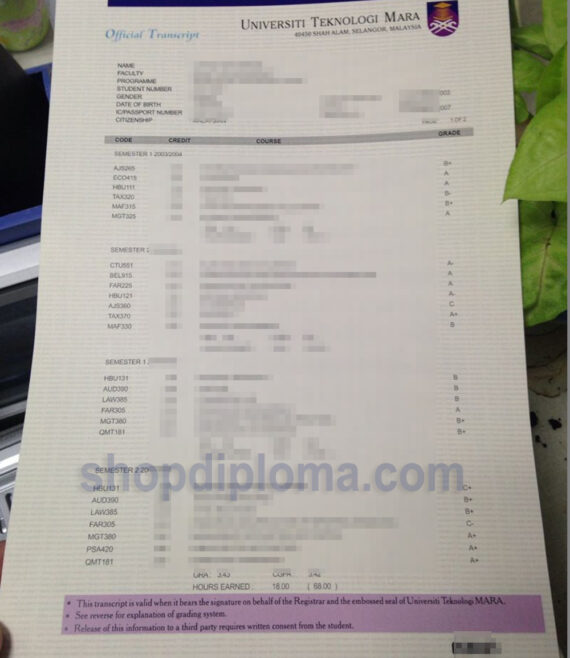 Universiti Teknologi Mara UiTM official transcript